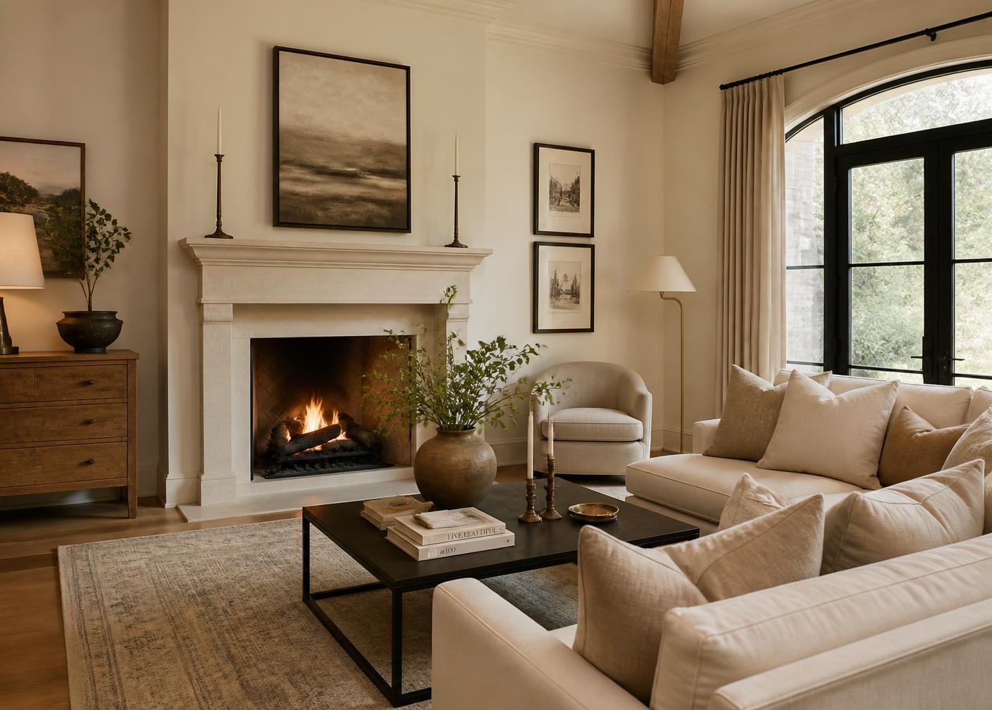 Warm living room in a luxury residence at dusk